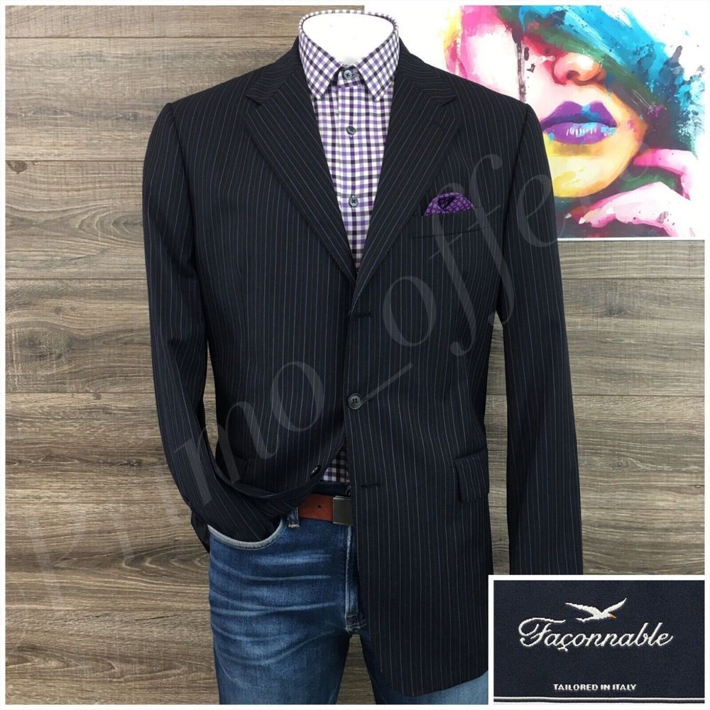 Faconnable Mens Blazer Sport Coat Three‎ Button Size 46L Casual Wool Suit Jacket